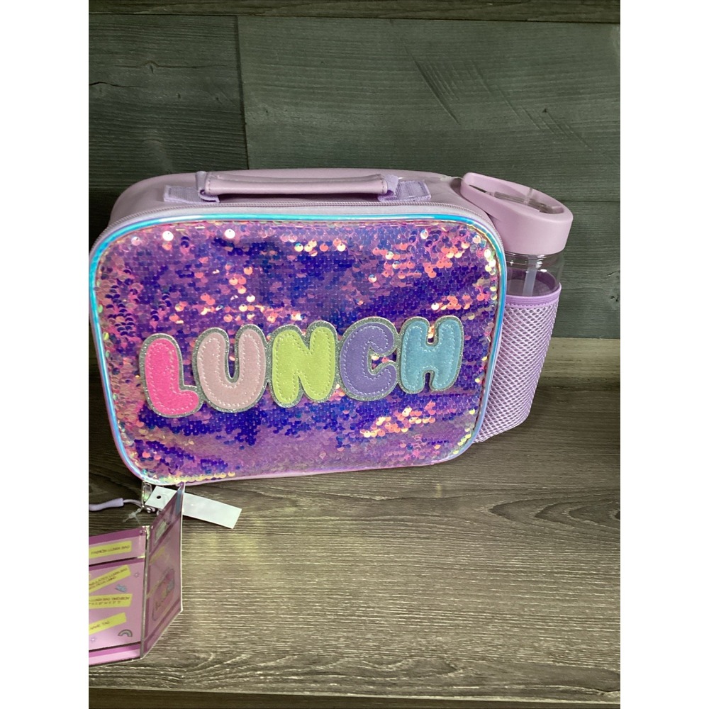 Locker Club Kids Sequin Insulated Lunch Box with Water Bottle Purple Multi NEW